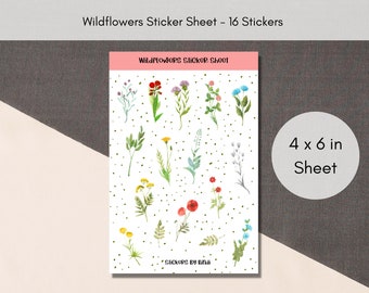 May include: A sticker sheet featuring watercolor illustrations of various wildflowers. The sheet measures 4 x 6 inches and includes 16 stickers. The design includes colorful flowers and green leaves on a white background with small green dots. The text "Wildflowers Sticker Sheet" is at the top.