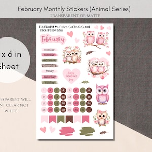 Feuille d'autocollants Bujo mensuel de février | Stickers pour agenda | Stickers déco Bullet Journal de février | Stickers chouette d'amour | Jours de la semaine Date Points