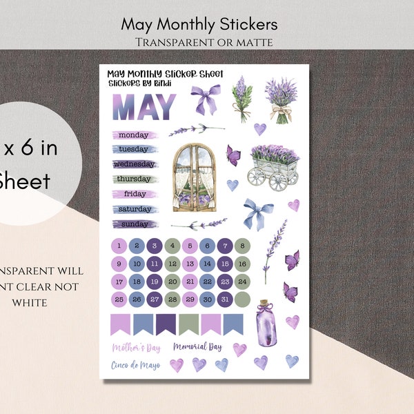 May Monthly Sticker Sheet | Lavender Planner Stickers | Purple Floral Bullet Journal Monthly Deco Stickers | Cute Watercolor Bujo Stickers