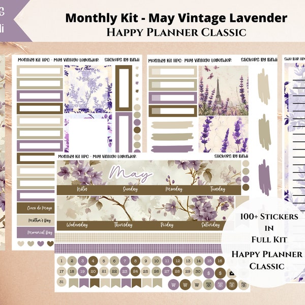 May Monthly Sticker Kit for Happy Planner Classic | May Vintage Lavender Vertical Planner Stickers | Monthly Kit | Date Dots, Boxes, Headers