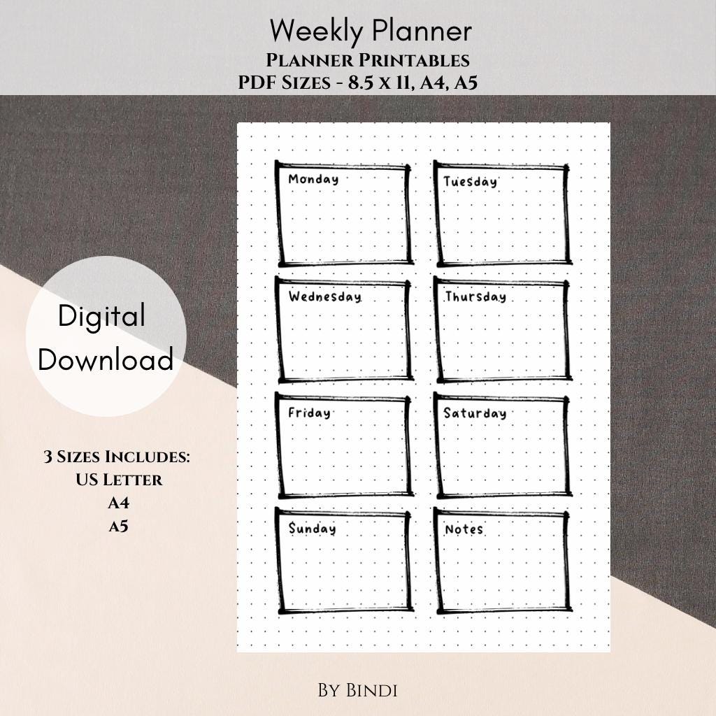 Weekly Planner Printable Style 2 | US Letter, A4 and A5 Size | Digital ...