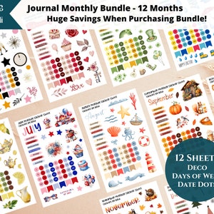 Bullet Journal Monthly Kit Sticker Bundle | 12 Monthly Kit Sheets for Journals| Date Dots, Deco, Days of Week, Month Header
