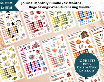 Bullet Journal Monthly Kit Sticker Bundle | 12 Monthly Kit Sheets for Journals| Date Dots, Deco, Days of Week, Month Header