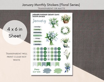 January Floral Monthly Sticker Sheet | New Year Planner Stickers | Jan Bullet Journal Monthly Deco Stickers | Cute Watercolor Bujo Stickers