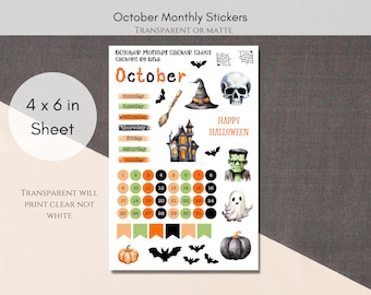 May include: A sheet of 4x6 inch Halloween themed stickers with a variety of designs including a ghost, a skull, a witch's hat, a haunted house, a Frankenstein monster, and a pumpkin. The sheet also includes a calendar with the days of the week and numbers 1-31.