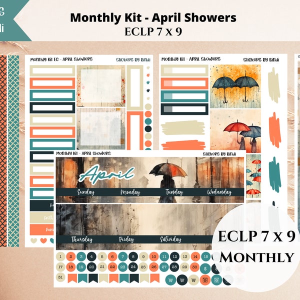 April Monthly Sticker Kit for Erin Condren Life Planner | April Showers Vertical Planner Stickers | 7 x 9 Kit| Date Dots, Boxes, Headers