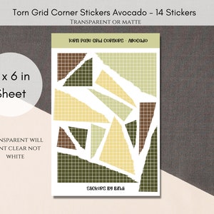 Torn Page Corner Stickers - Avocado | Torn Page Grid Planner Stickers | Deco Journal Stickers | Green and Brown Aesthetic Stickers