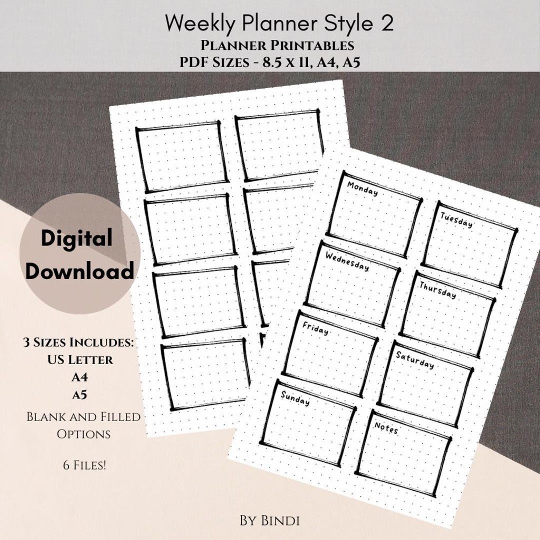 Weekly Planner Printable Style 2 | US Letter, A4 and A5 Size | Digital ...