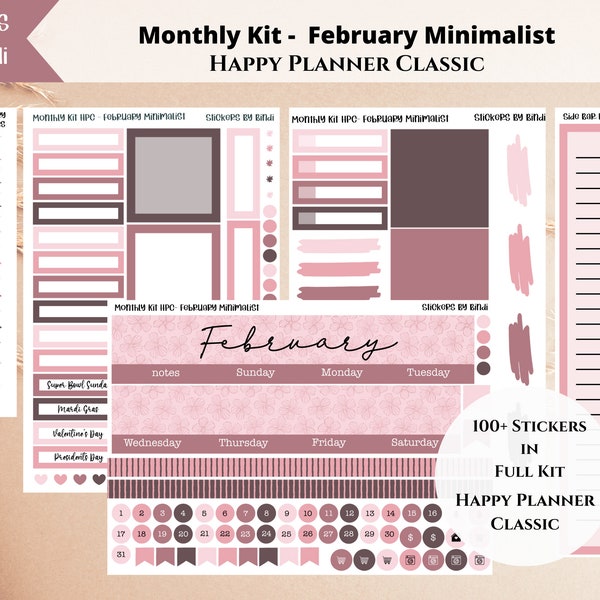 February Monthly Sticker Kit for Happy Planner Classic | Minimalist Vertical Planner Stickers | Monthly Kit | Date Dots, Boxes, Headers