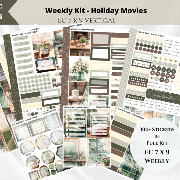 Weekly Kit Stickers - Holiday Movies | Vertical Layout | Erin Condren Planner Kit | Weekly Spread Sticker | Cozy Winter Kit Green and Brown