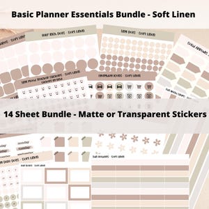 Planner Stickers Bundle - Soft Linen | Journal Stickers | Dots, Days of Week, Headers, Icons, Date Dots, Sticky Note | Transparent Matte