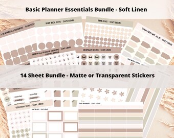 Planner Stickers Bundle - Soft Linen | Journal Stickers | Dots, Days of Week, Headers, Icons, Date Dots, Sticky Note | Transparent Matte
