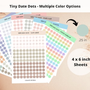 May include: Six sheets of 4x6 inch date dot stickers with different color options. The colors include pastel rainbow, soft linen, plant lady, coral, and two shades of blue. Each sheet has 31 circles with numbers 1-31.