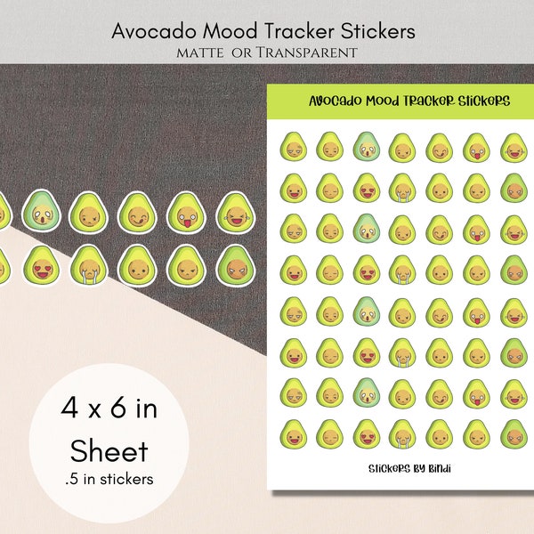 Avocado Mood Tracker Icons Sticker Sheet | Cute Emoji Stickers | Aesthetic Planner Stickers | Bullet Journal Scrapbook Stickers