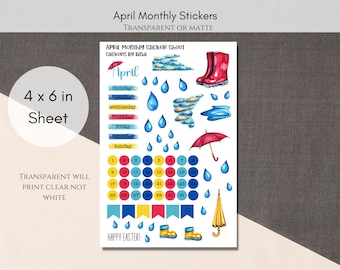April Monthly Sticker Sheet | Rainy Day Planner Stickers | April Bullet Journal Monthly Deco Stickers | Cute Watercolor Bujo Stickers