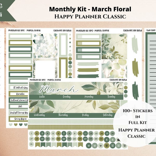 March Floral Monthly Sticker Kit for Happy Planner Classic | Minimalist Vertical Planner Stickers | Monthly Kit | Date Dots, Boxes, Headers