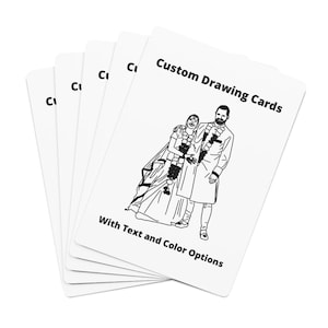 May include: A stack of blank white cards with the text "Custom Drawing Cards" and "With Text and Color Options" printed on the top card. The cards feature a black and white line drawing of a bride and groom in traditional Indian wedding attire.