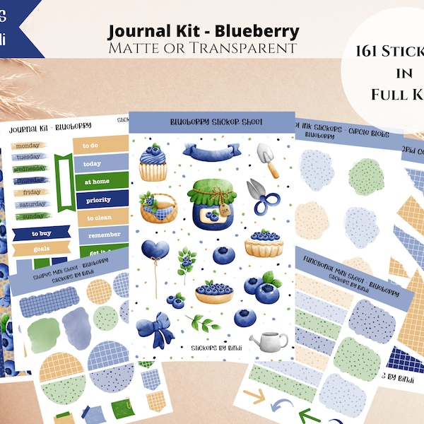 Blueberry Journal Kit Stickers | Vertical Layout Planner Stickers | Bujo Weekly Spread Stickers | Deco, Torn Page Stickers, Washi, Dots