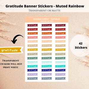 Small Gratitude Banner Stickers - Muted Rainbow | Planner Stickers | Grateful Journal Stickers | 1 inch header sticker | Transparent Matte