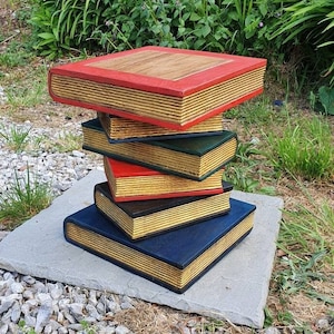 Hand Carved Book Stack Table, Painted Acacia Wood Side Table, 16"