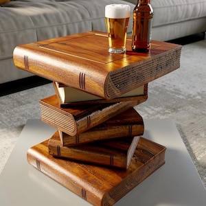Book Stack Table 16"-Waxed Finish, Hand Carved, Solid Wood, Side Table, Lamp Table, Plant Stand