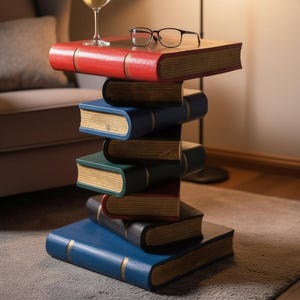 Hand Carved Book Stack Side Table, Painted Acacia Wood Plant Stand