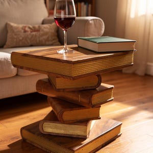 Hand Carved Solid Wood Book Stack Table, Gold Page Accent, Side Lamp Plant Stand