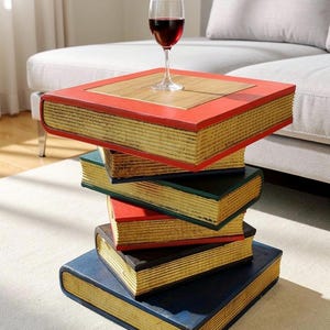 May include: A side table designed as a stack of five large, rectangular books with colourful covers in red, green, and blue. The edges of the books are textured to resemble gold-toned pages. A clear glass of red wine sits on the top surface.