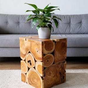 Handcrafted Teak Block Side Table, Reclaimed Wood Stool, Rustic Lamp Table (35x35x50cm)