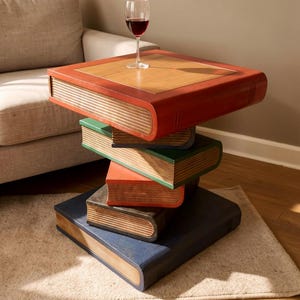 May include: A side table designed as a stack of four large, rectangular books with a red top, green second layer, orange third layer, and a dark blue base. The top surface features a smooth, light brown panel and holds a clear glass of red wine.