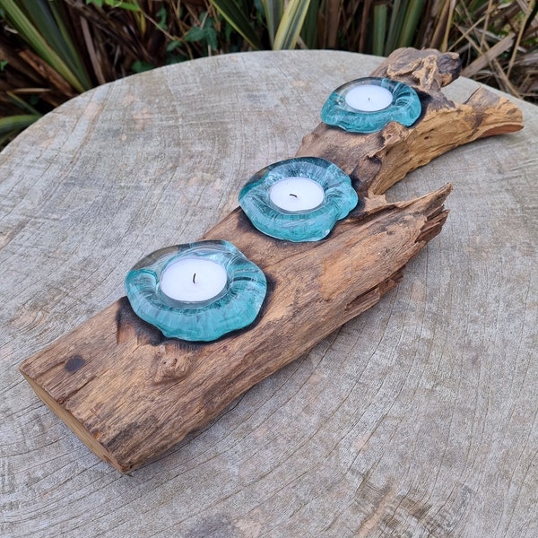 Melted Glass Triple Candle Holder, hand crafted, rustic, recycled glass, decorative, tealights