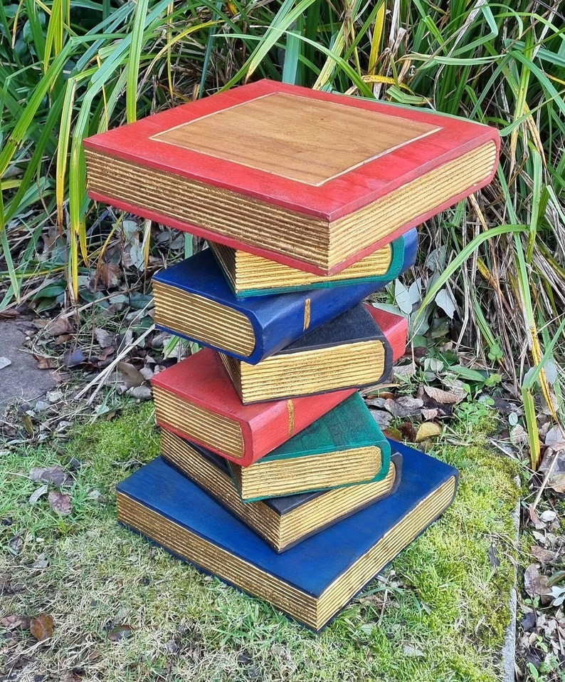 Hand Carved Book Stack Side Table, Painted Acacia Wood Plant Stand ...