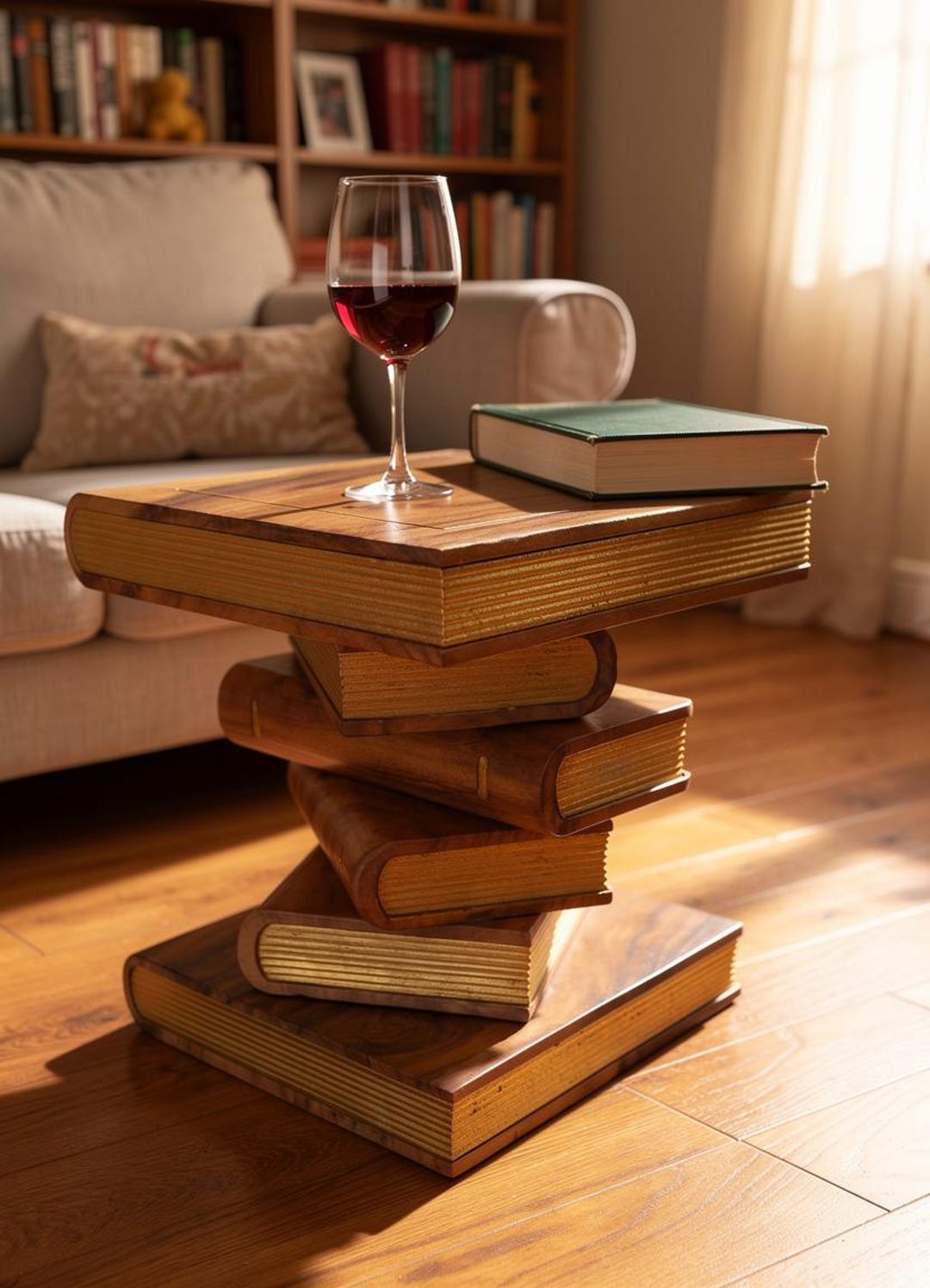 Hand Carved Solid Wood Book Stack Table, Gold Page Accent, Side Lamp ...