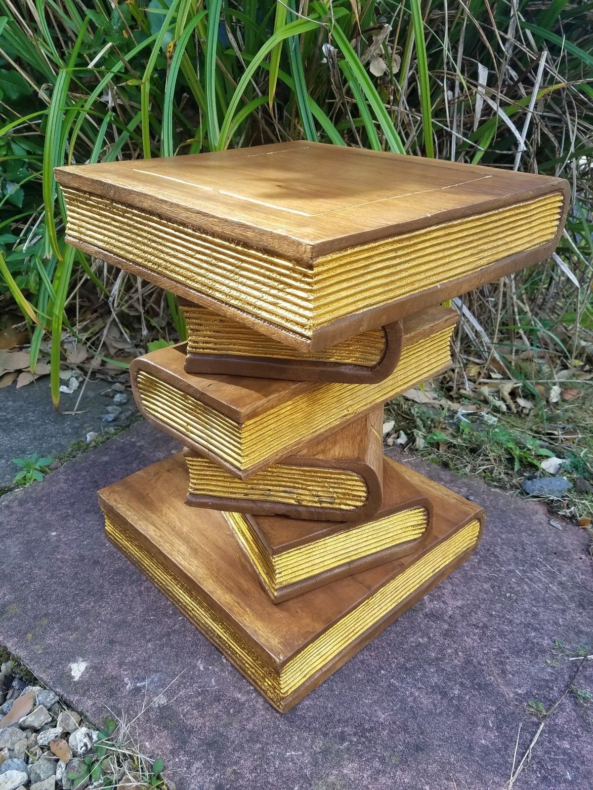 Hand Carved Solid Wood Book Stack Table, Gold Page Accent, Side Lamp ...