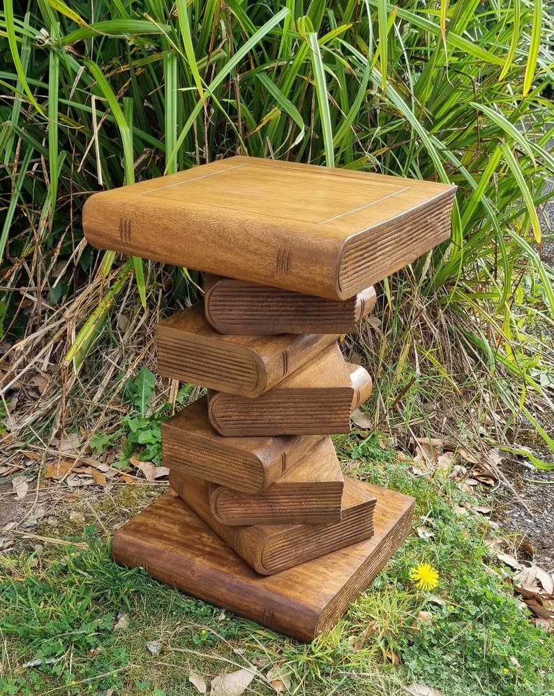 Hand Carved Book Stack Table, Waxed Acacia Wood Side Table, Plant Stand ...