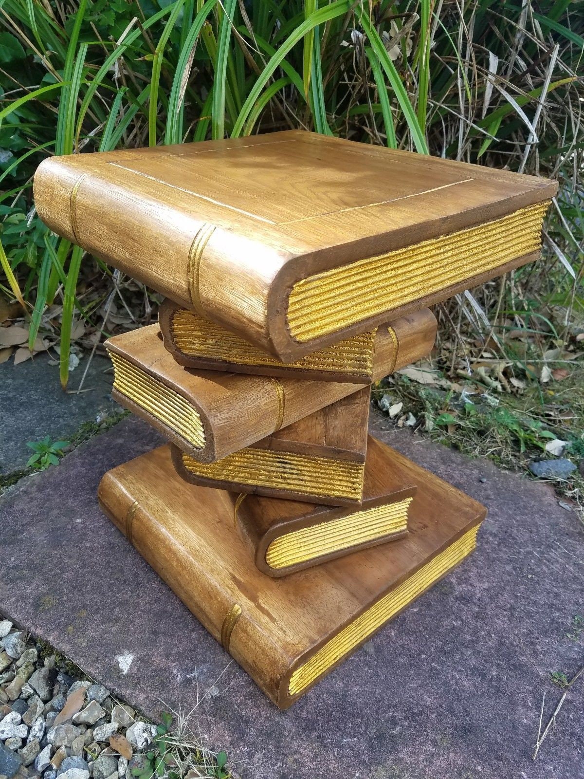 Hand Carved Solid Wood Book Stack Table, Gold Page Accent, Side Lamp ...