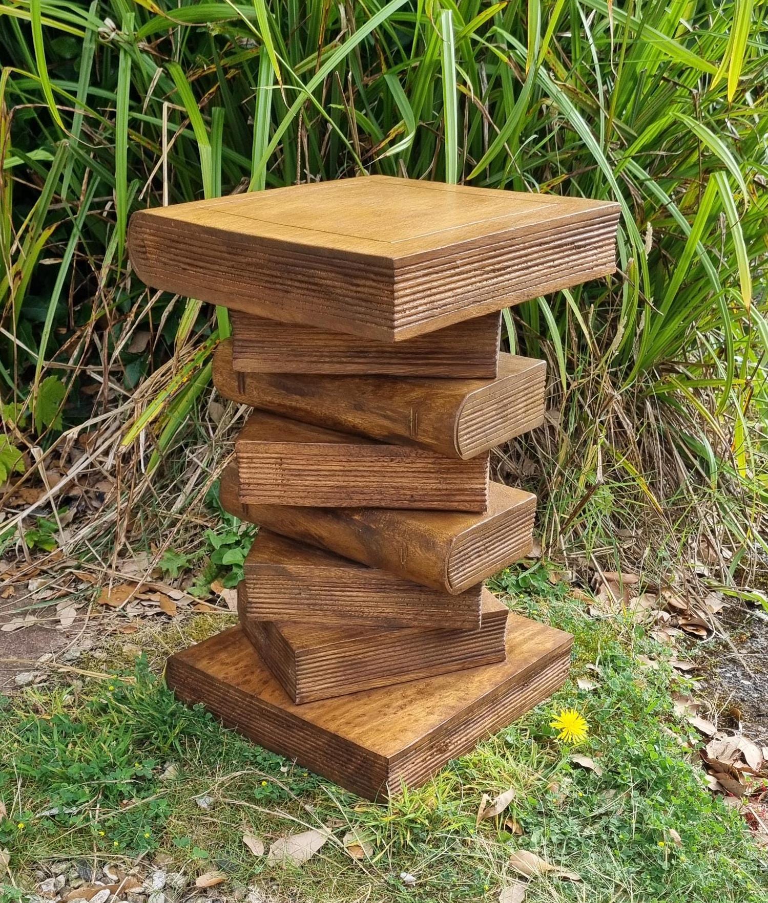 Hand Carved Book Stack Table, Waxed Acacia Wood Side Table, Plant Stand ...