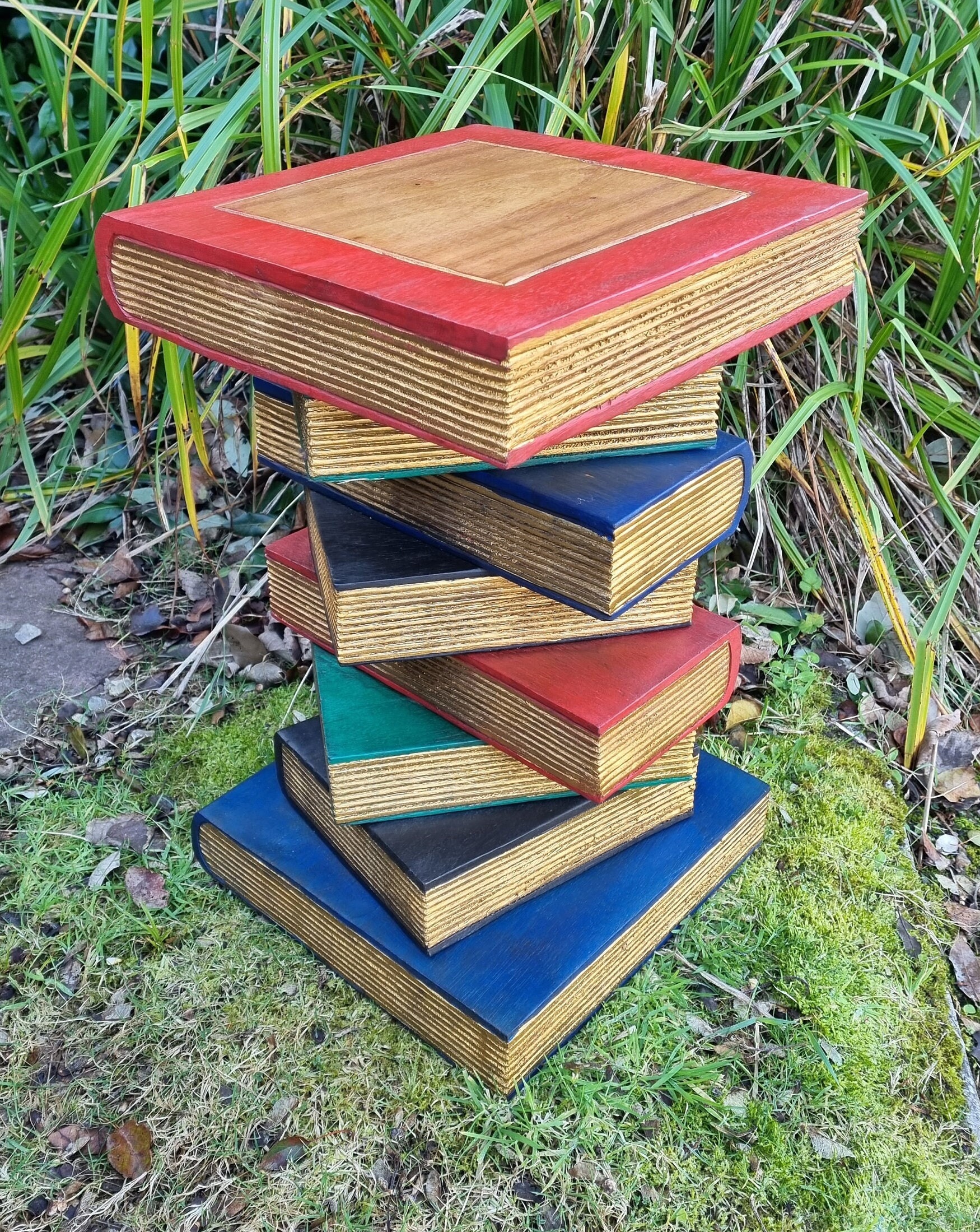 Hand Carved Book Stack Side Table, Painted Acacia Wood Plant Stand ...