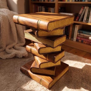 Hand Carved Book Stack Side Table, Gold Leaf Acacia Wood Plant Stand