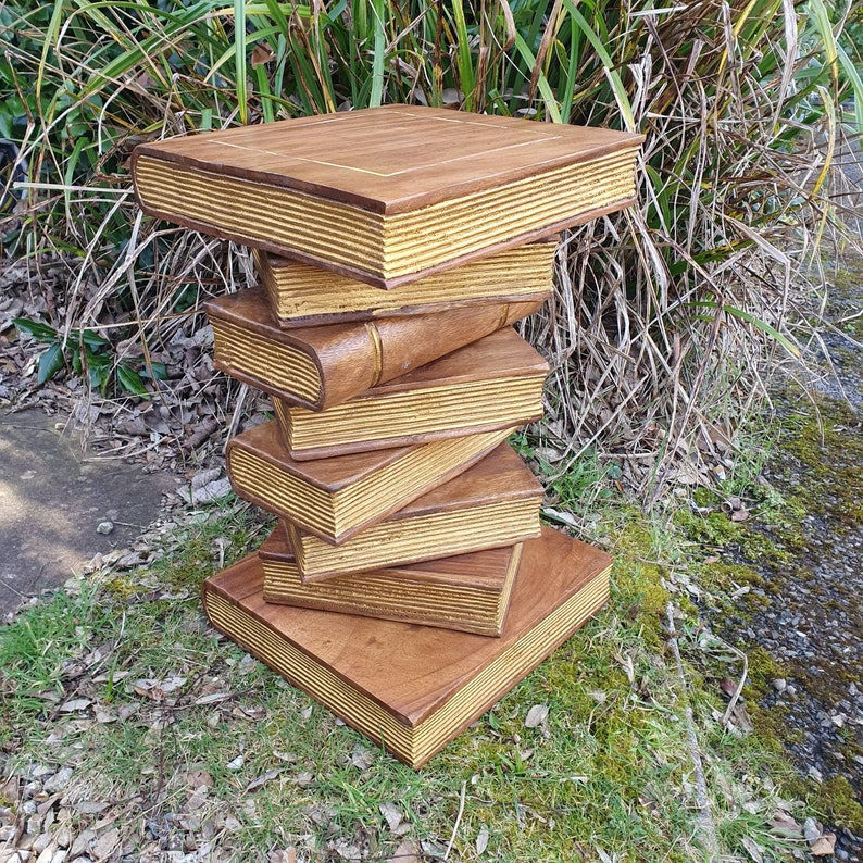 Hand Carved Book Stack Side Table, Gold Leaf Acacia Wood Plant Stand ...