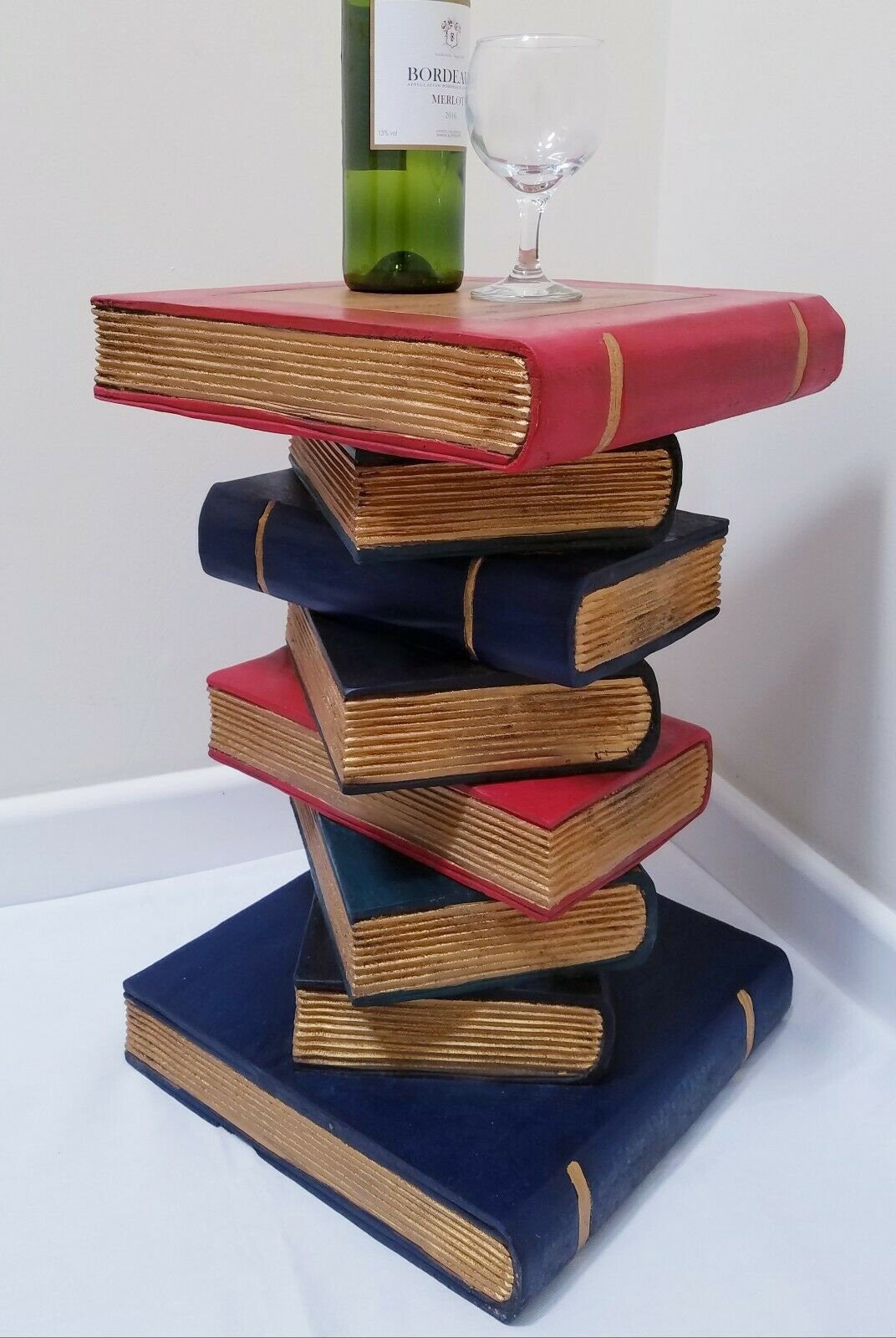 Hand Carved Book Stack Side Table, Painted Acacia Wood Plant Stand ...