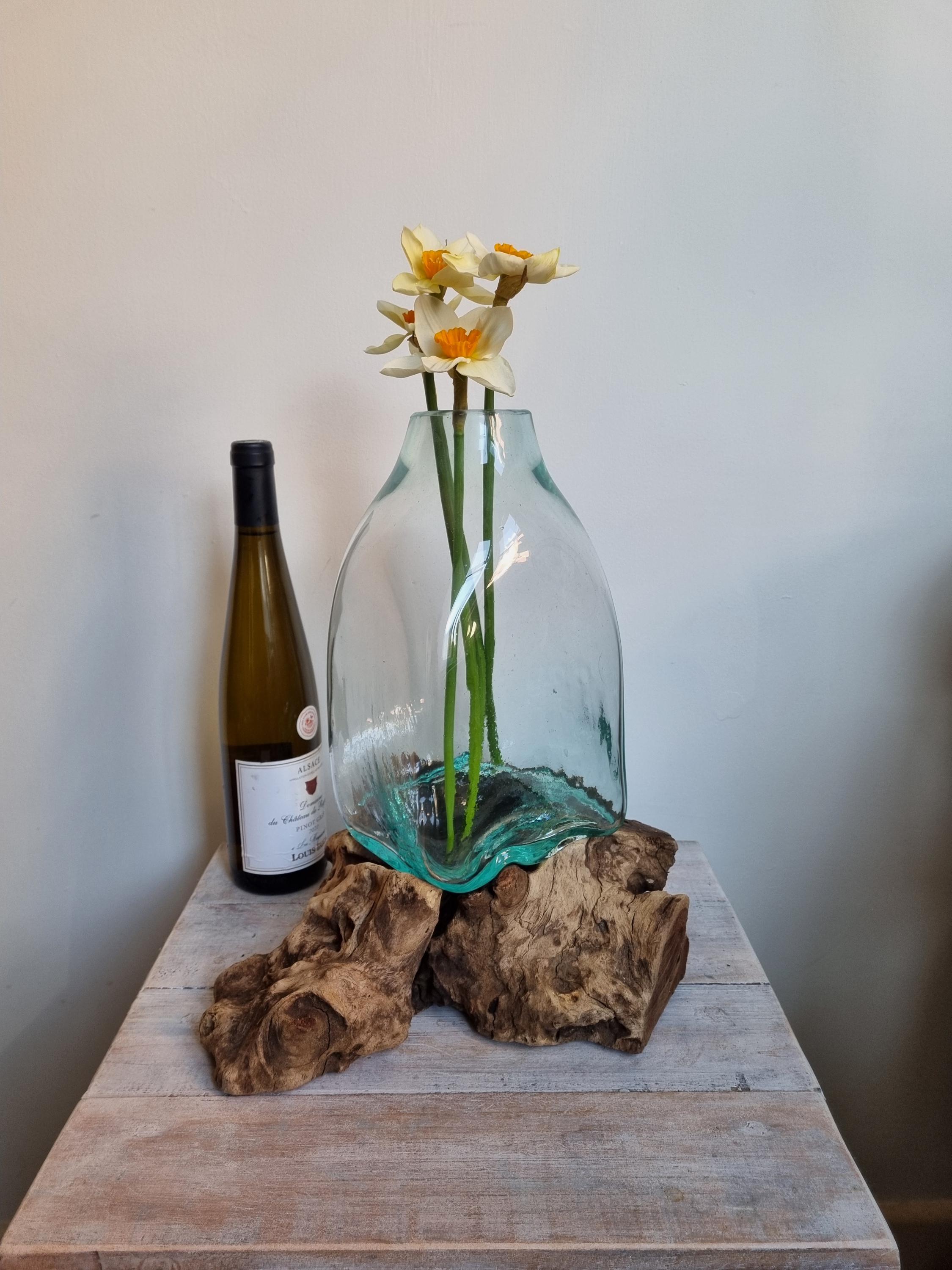 Large melted glass on wood Terrarium, Vase, hand crafted, teak root, recycled glass, decorative