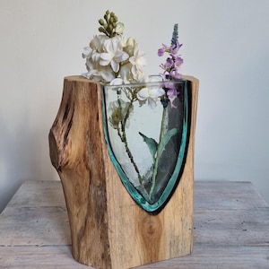 Melted glass on wood vase, contemporary, glass sculpture, hand crafted, recycled glass, decorative, 20cm