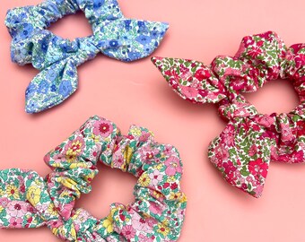 Liberty London floral hair scrunchie, bow hair scrunchies, floral pony tail hair tie, bunny ear hair tie.