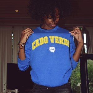 Cape Verde Cabo Verde University Sweater, black owned, afropunk, handmade, african, fashion, blue sweater, African islands, africa, hbcu. image 1