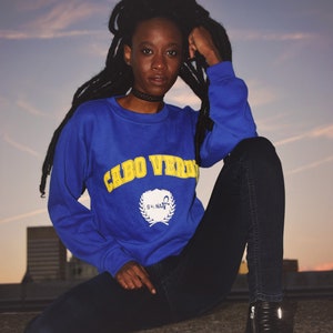 Cape Verde Cabo Verde University Sweater, black owned, afropunk, handmade, african, fashion, blue sweater, African islands, africa, hbcu. image 6