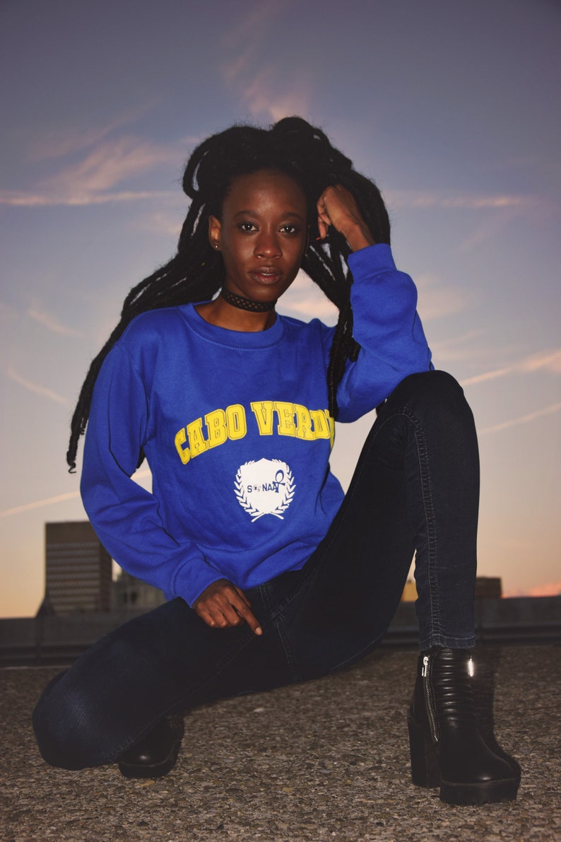 Cape Verde Cabo Verde University Sweater, black owned, afropunk, handmade, african, fashion, blue sweater, African islands, africa, hbcu. image 6