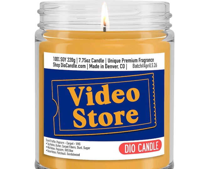 Video Store Candle: Buttery Popcorn, Dusty Carpet, VHS Scent - Nostalgia Gift
