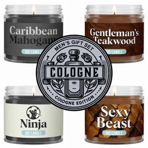 May include: A set of four candles in glass jars with black and brown lids. The candles are labeled "Caribbean Mahogany", "Gentleman's Teakwood", "Ninja", and "Sexy Beast". Each candle has a label that says "DIO CANDLE". The candles are arranged in a square shape with a silver and black label in the center that says "MEN'S GIFT SET COLOGNE EDITION".