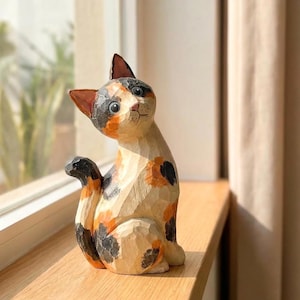 Wooden Calico Cat Figurine, Hand Carved Cat Decor, Cute Cat Lover Gift, Rustic Farmhouse Animal Sculpture, Small Cat Ornament 5.0 (3)